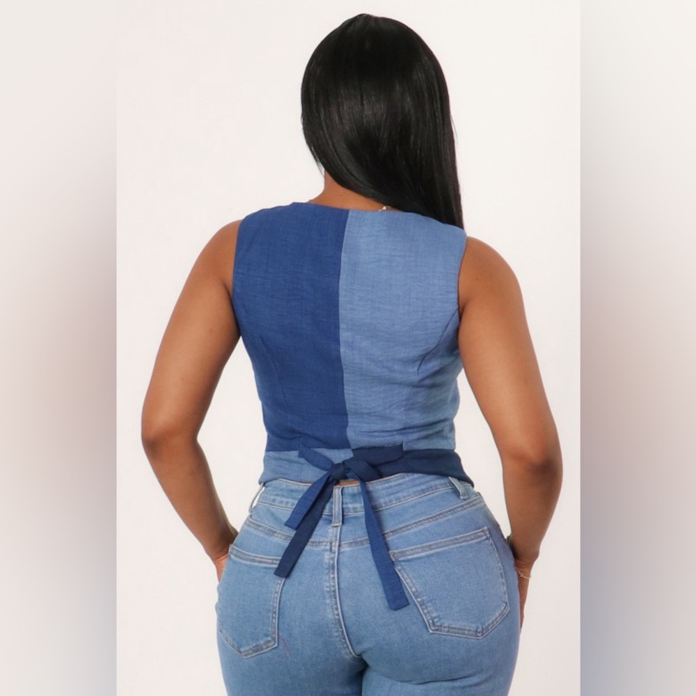 Blue Colorblock Button-Up Vest - Picture 3 of 3